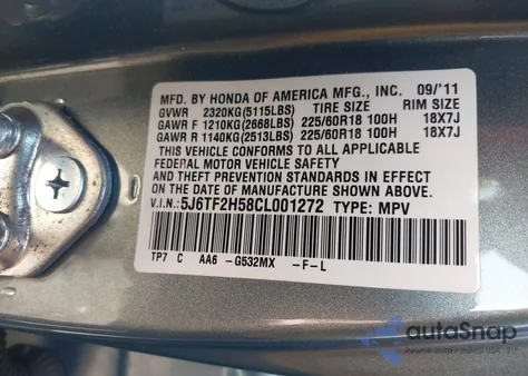 2012 Honda Crosstour Ex-L из США, поврежденный, VIN 5J6TF2H58CL001272